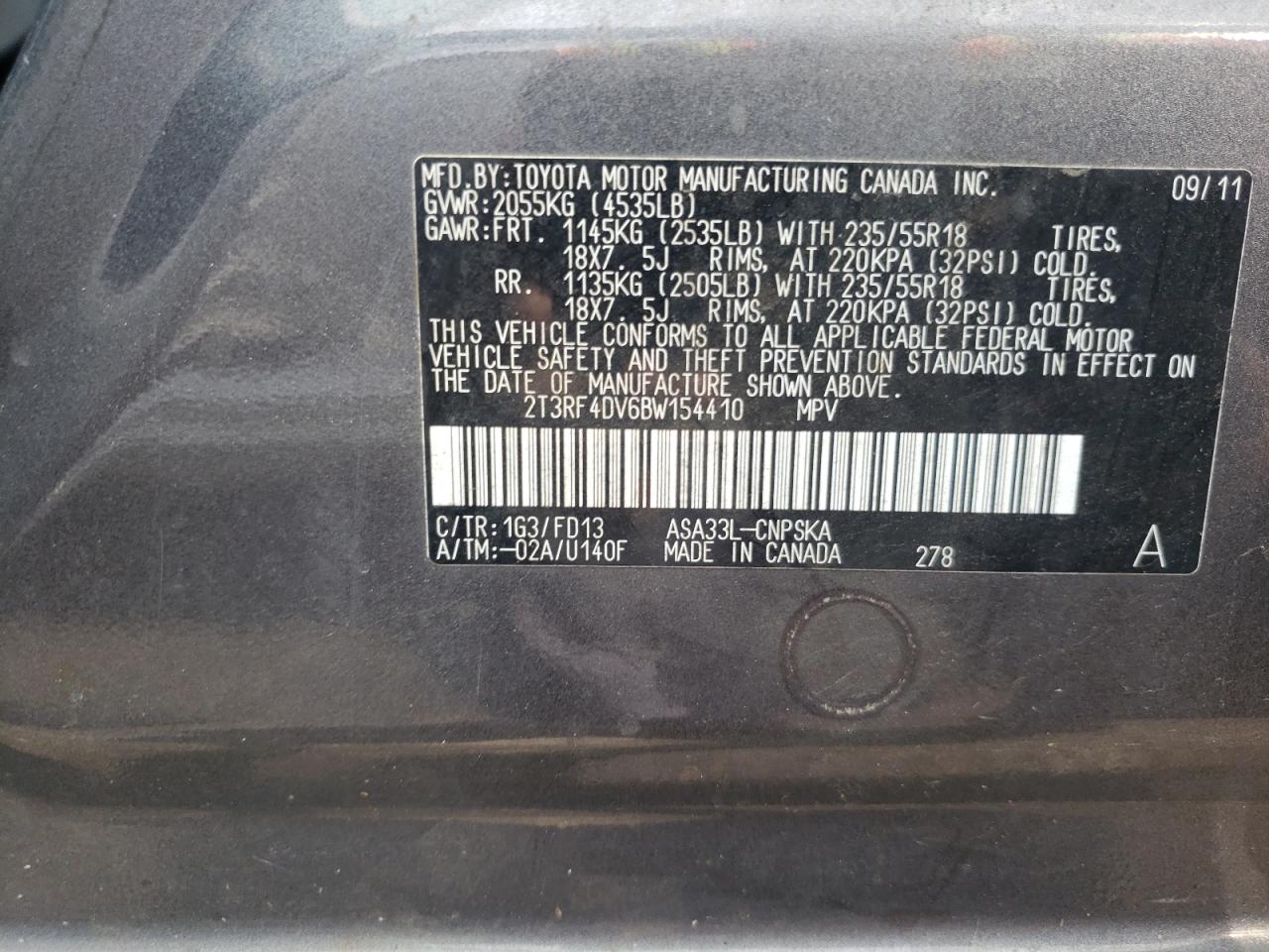 2011 Toyota Rav4 Sport VIN: 2T3RF4DV6BW154410 Lot: 64899215