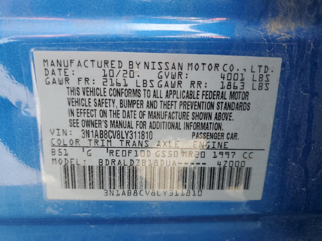 2020 Nissan Sentra Sv VIN: 3N1AB8CV8LY311810 Lot: 64903265