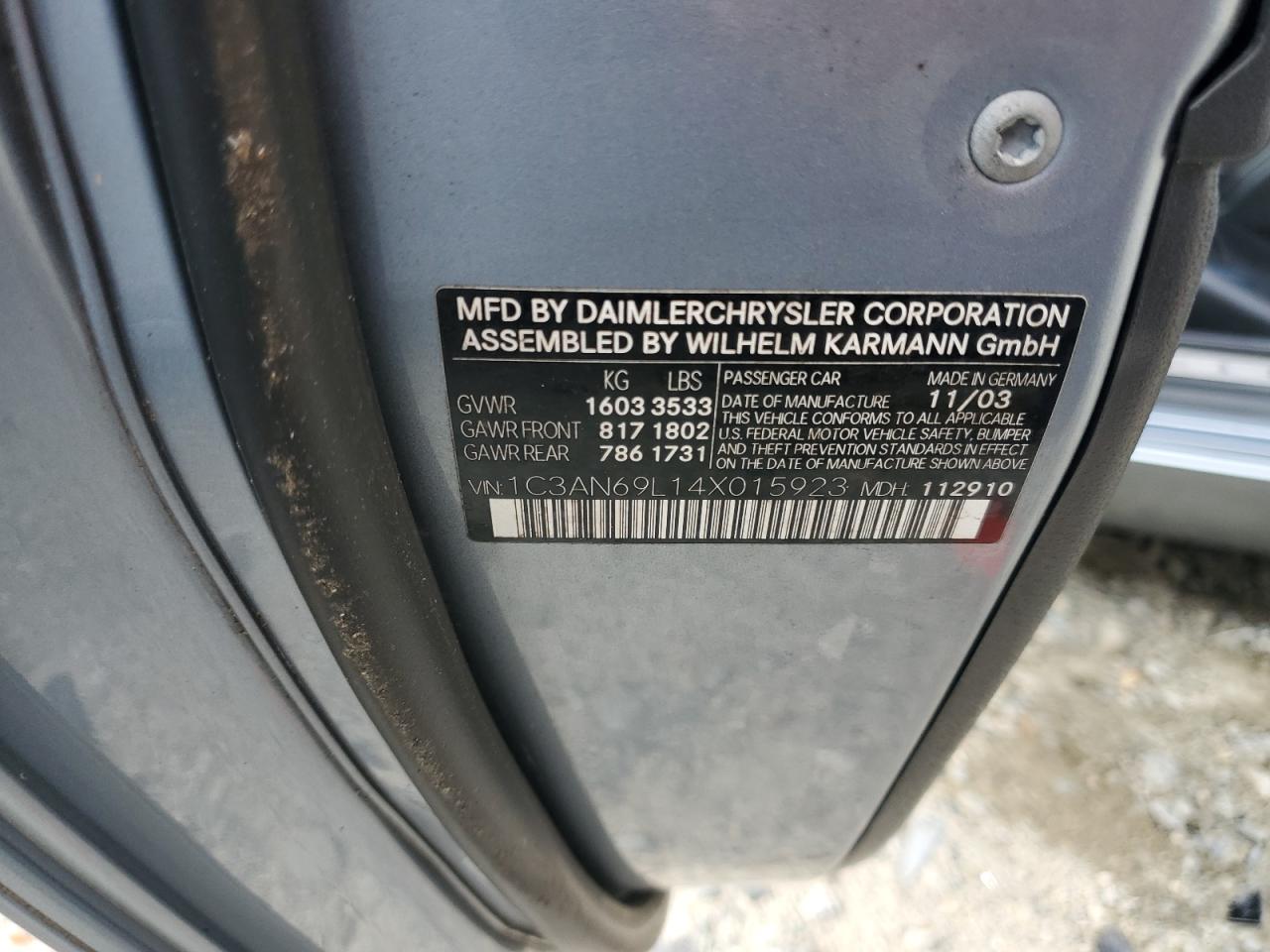 2004 Chrysler Crossfire Limited VIN: 1C3AN69L14X015923 Lot: 64848385