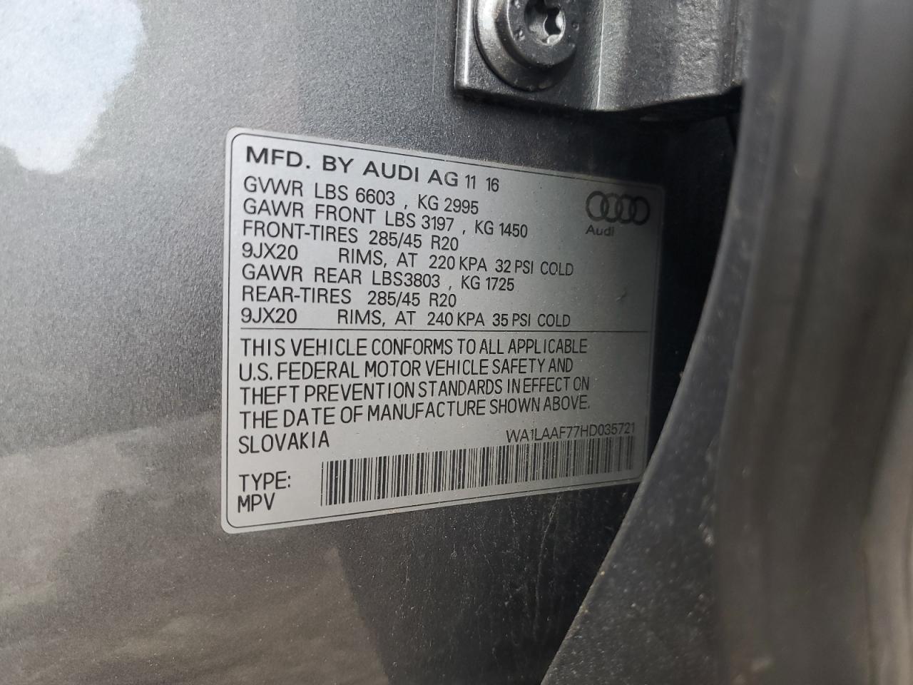 2017 Audi Q7 Premium Plus VIN: WA1LAAF77HD035721 Lot: 64917695