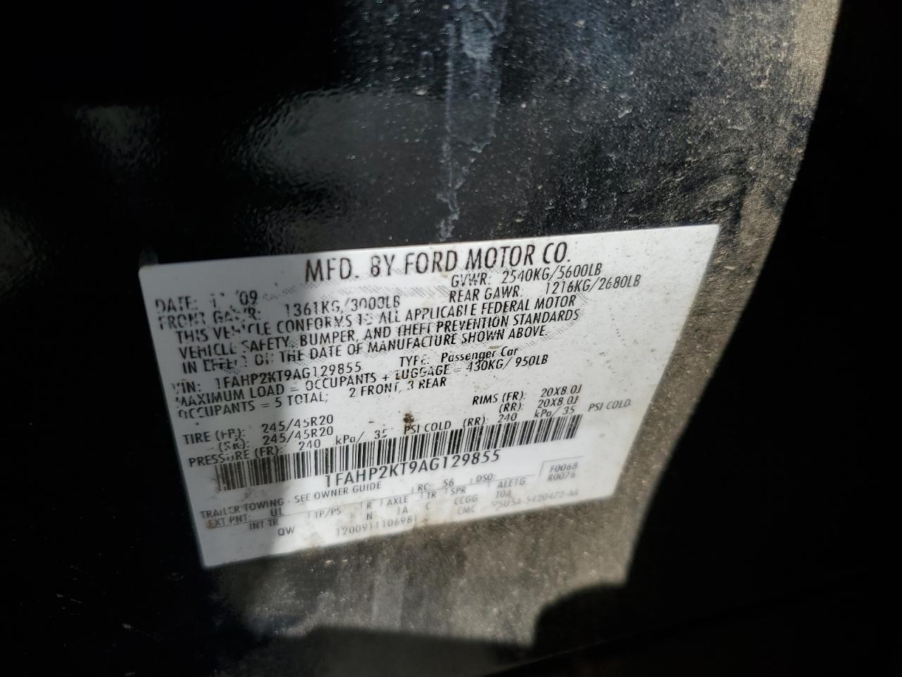 2010 Ford Taurus Sho VIN: 1FAHP2KT9AG129855 Lot: 63874155