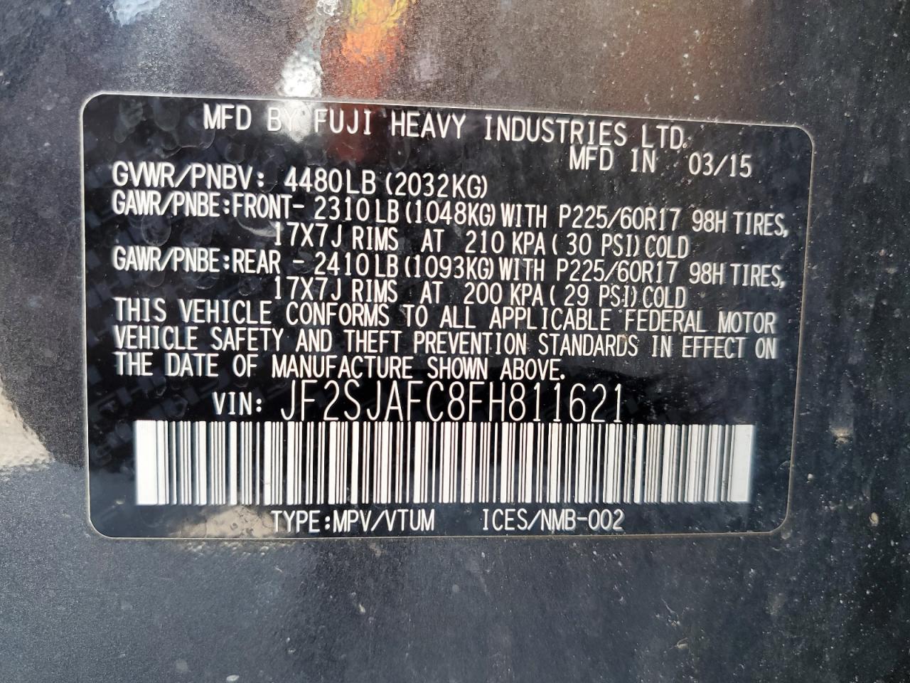 2015 Subaru Forester 2.5I Premium VIN: JF2SJAFC8FH811621 Lot: 64383795