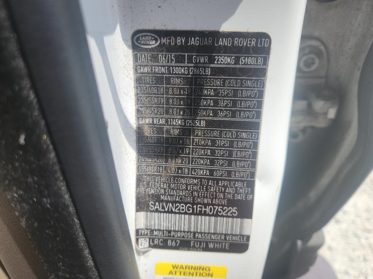 2015 Land Rover Range Rover Evoque Pure VIN: SALVN2BG1FH075225 Lot: 63403215