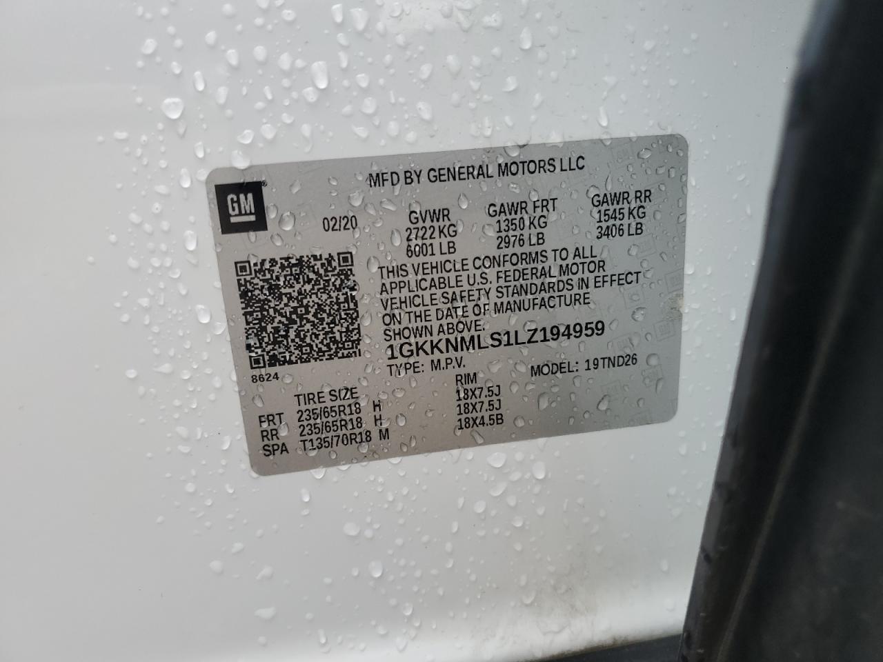 2020 GMC Acadia Slt VIN: 1GKKNMLS1LZ194959 Lot: 65364085