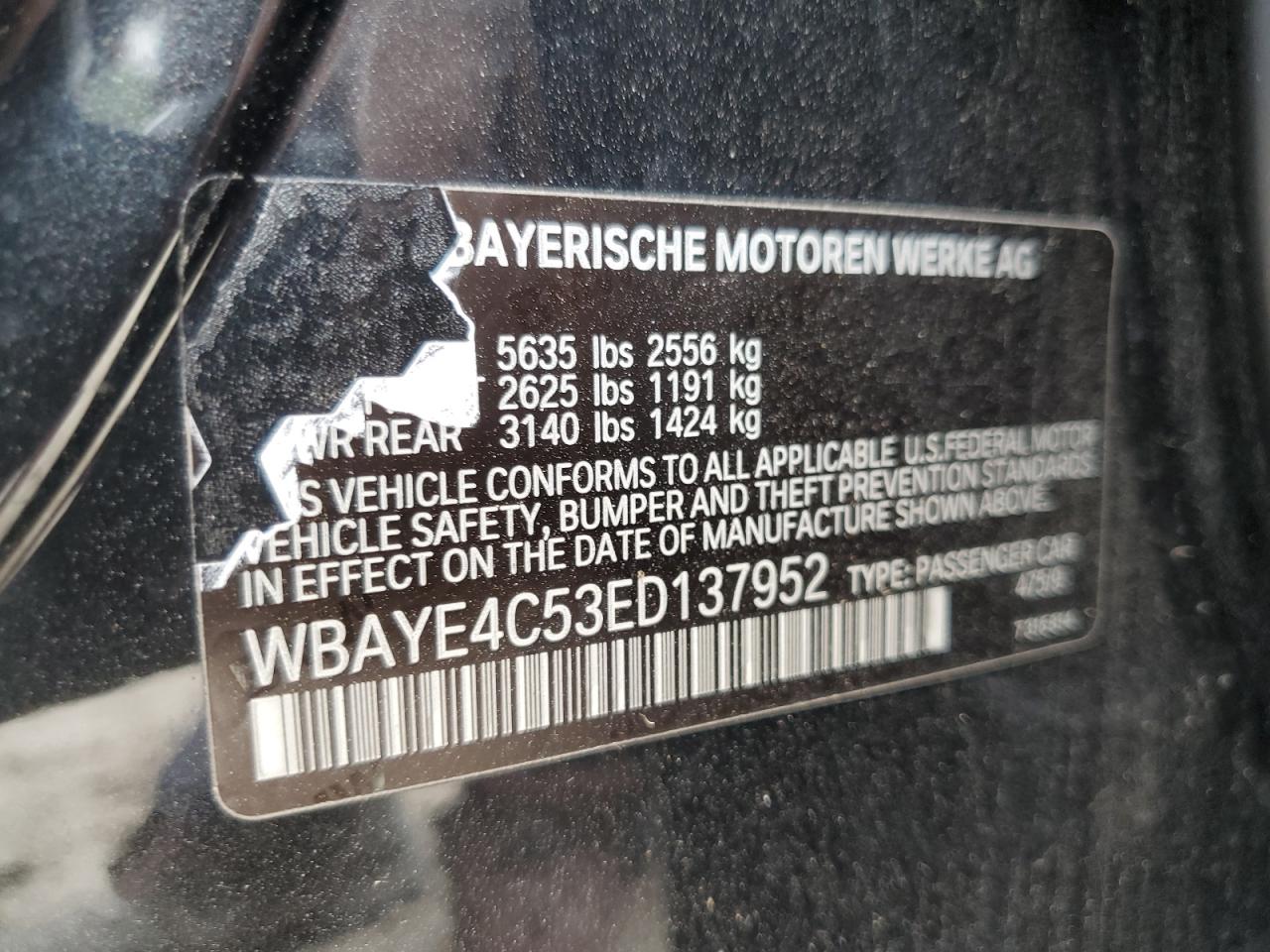 2014 BMW 740 Li VIN: WBAYE4C53ED137952 Lot: 62829515