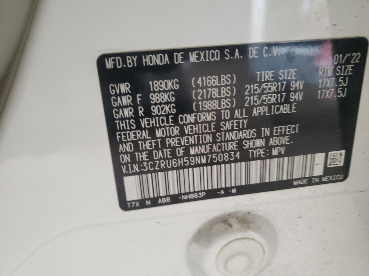2022 Honda Hr-V Ex VIN: 3CZRU6H59NM750834 Lot: 62993495