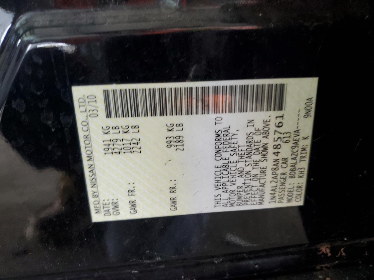 2010 Nissan Altima Base VIN: 1N4AL2AP8AN485761 Lot: 63531925