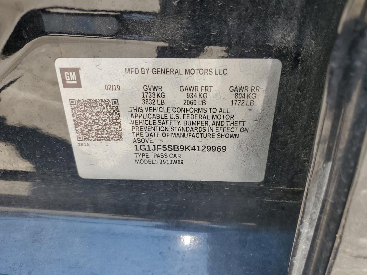 2019 Chevrolet Sonic Premier VIN: 1G1JF5SB9K4129969 Lot: 65135735