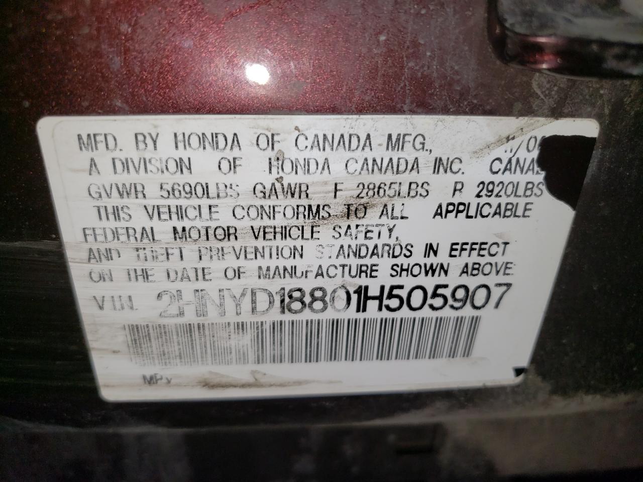 2001 Acura Mdx Touring VIN: 2HNYD18801H505907 Lot: 67321785
