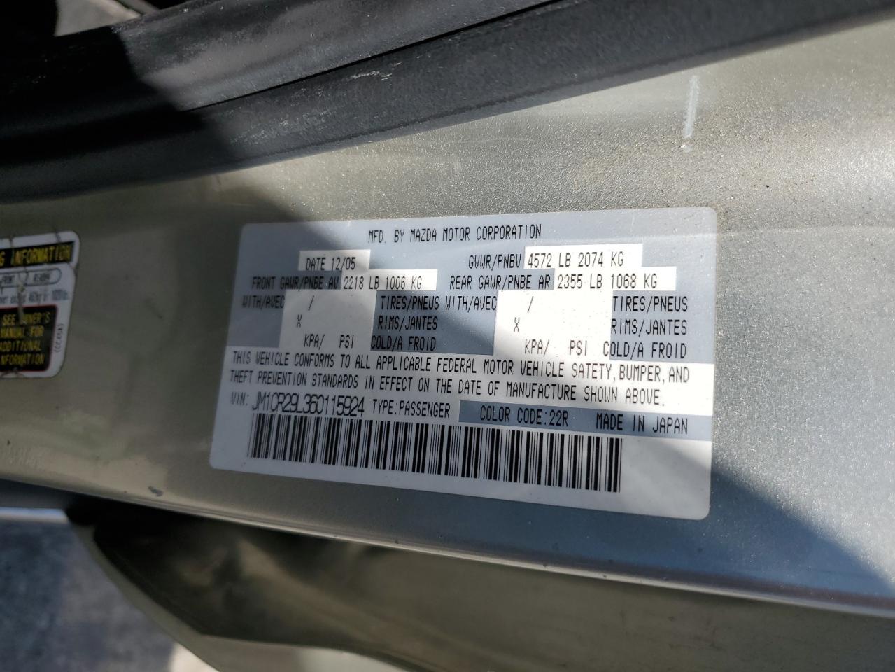 2006 Mazda 5 VIN: JM1CR29L360115924 Lot: 64136315