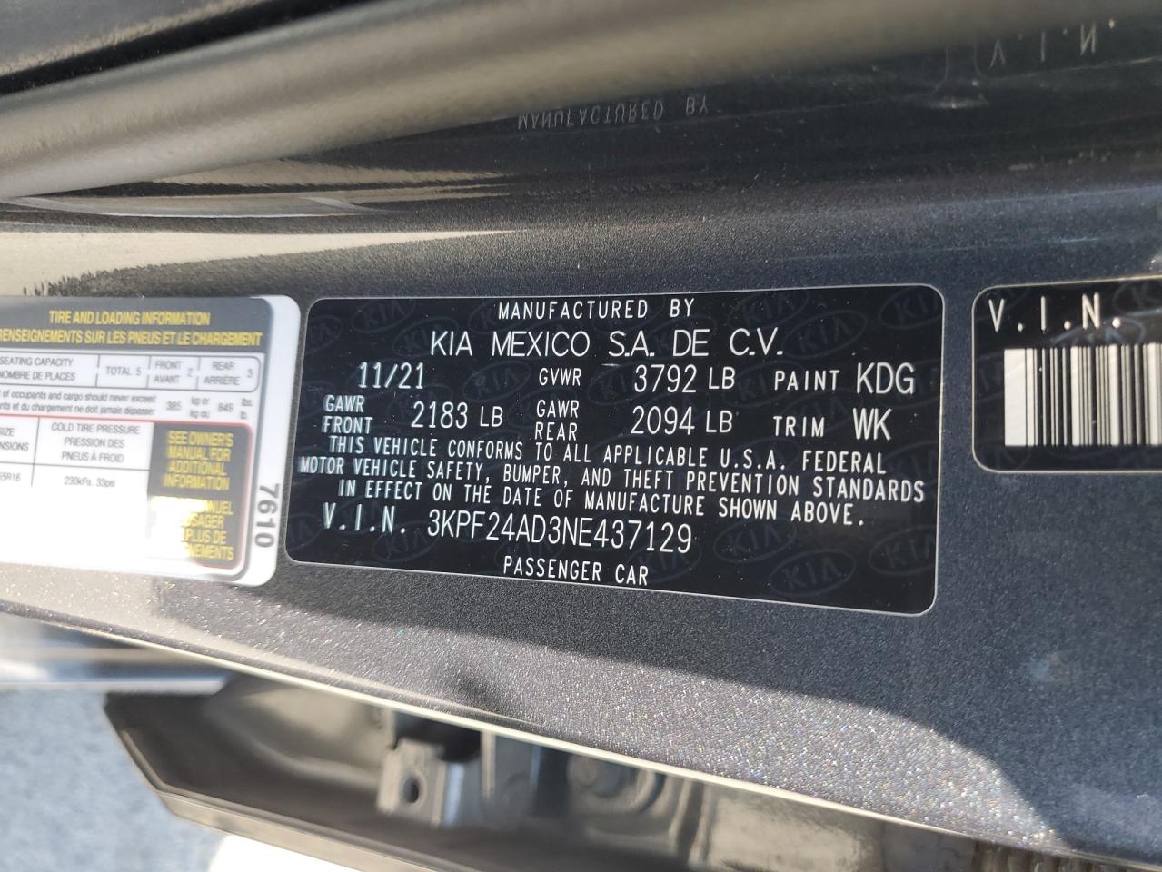 2022 Kia Forte Fe VIN: 3KPF24AD3NE437129 Lot: 65200265