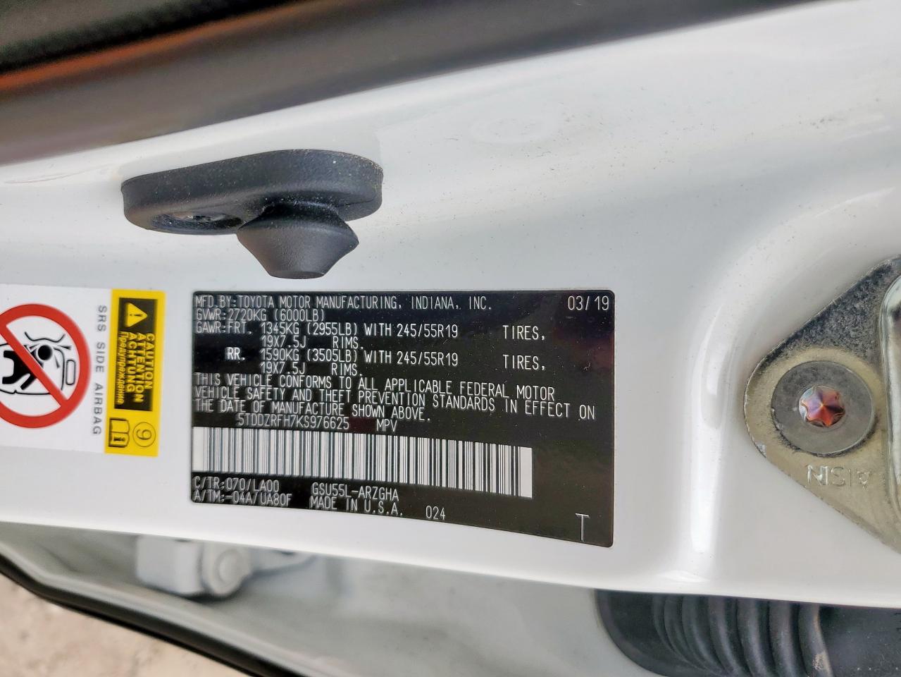 2019 Toyota Highlander Limited VIN: 5TDDZRFH7KS976625 Lot: 65275025