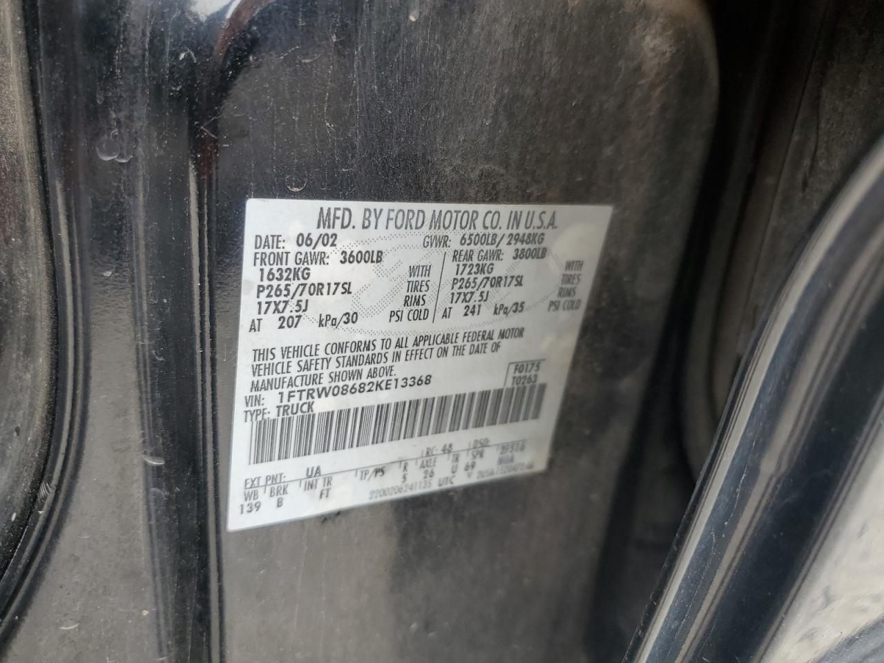 2002 Ford F150 Supercrew VIN: 1FTRW08682KE13368 Lot: 64287145