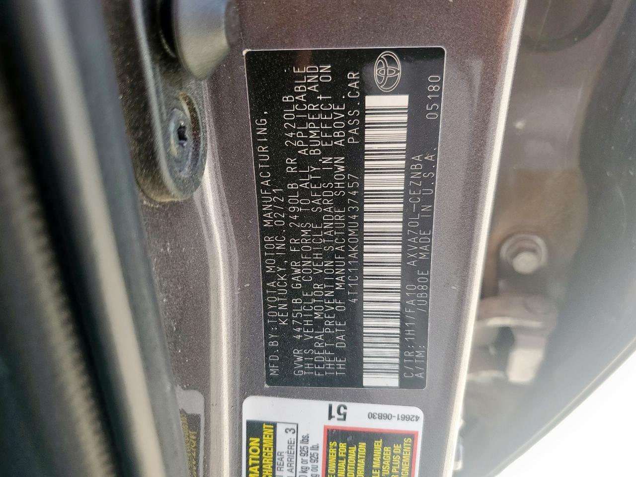 2021 Toyota Camry Le VIN: 4T1C11AK0MU437457 Lot: 64034415