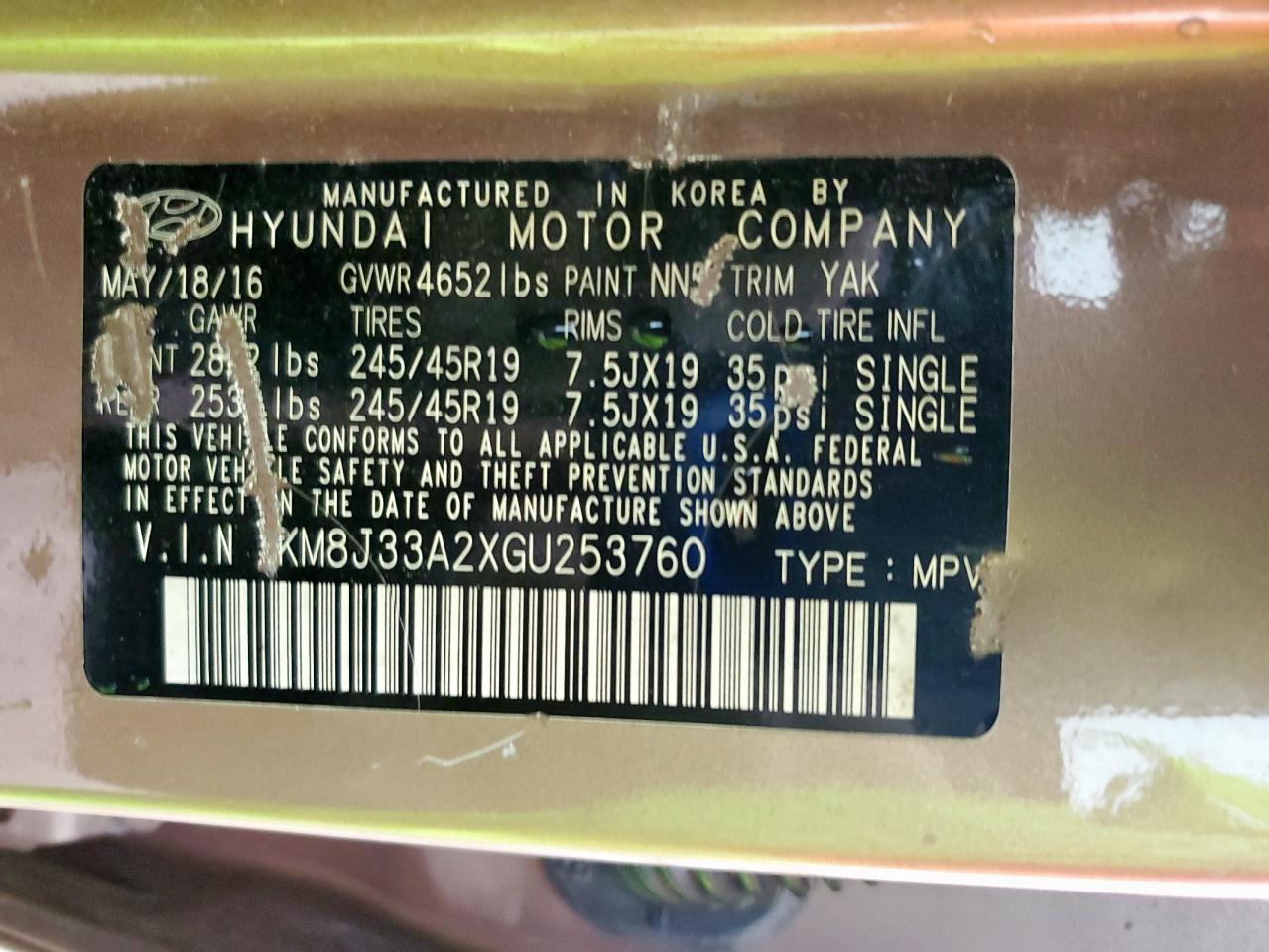 2016 Hyundai Tucson Limited VIN: KM8J33A2XGU253760 Lot: 63558695