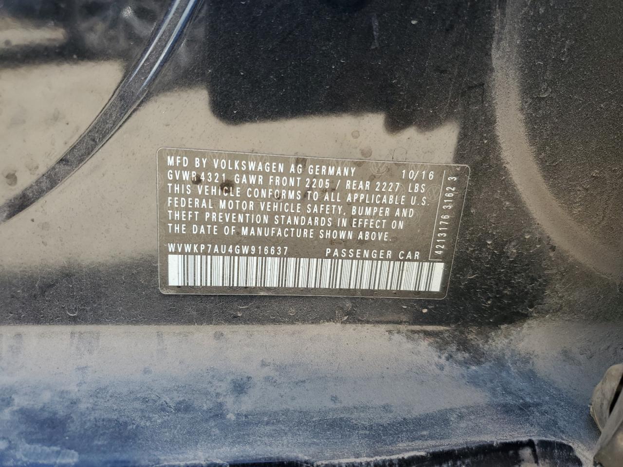 2016 Volkswagen E-Golf Se VIN: WVWKP7AU4GW916637 Lot: 65044135