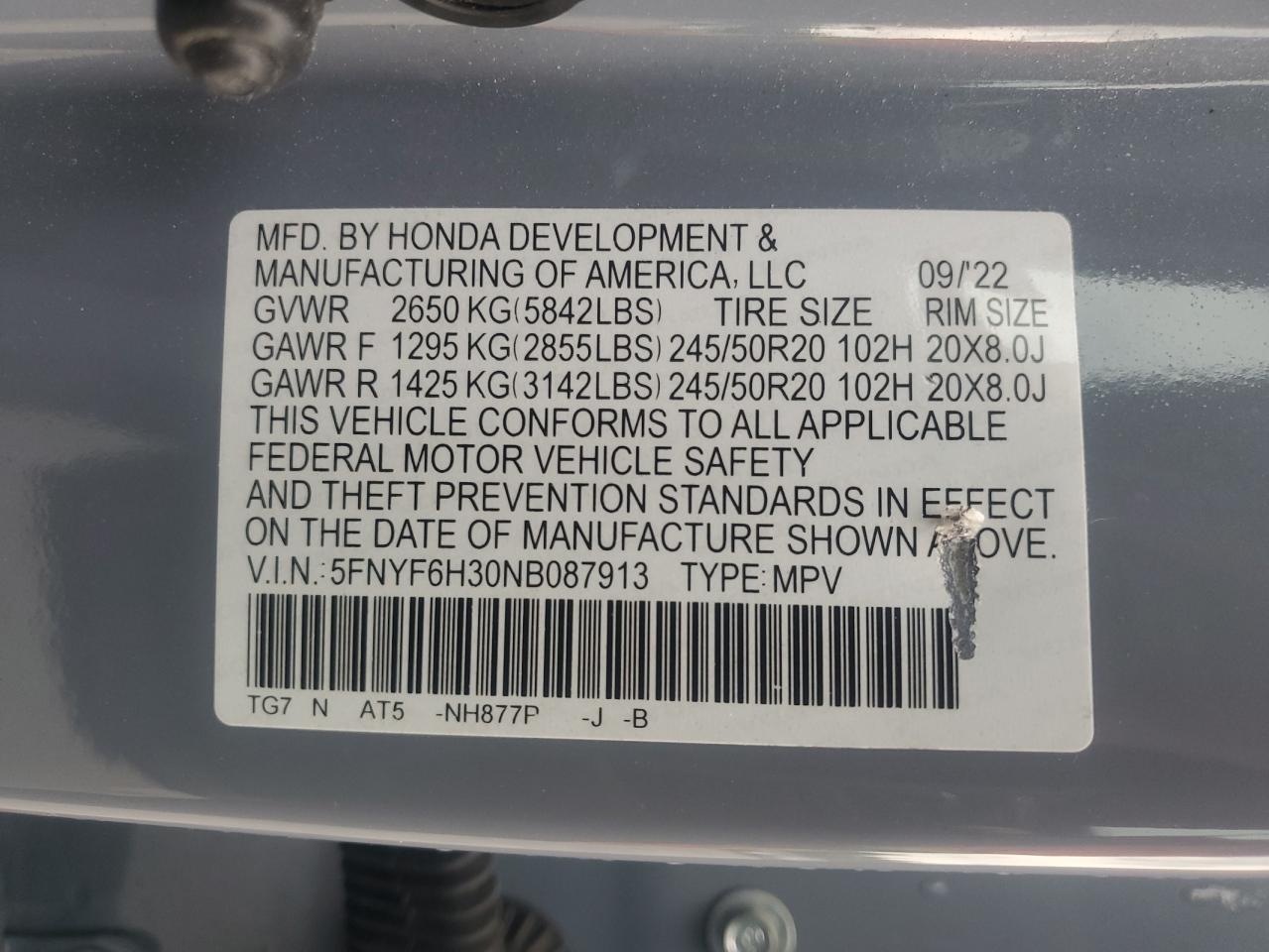 2022 Honda Pilot Sport VIN: 5FNYF6H30NB087913 Lot: 66721915