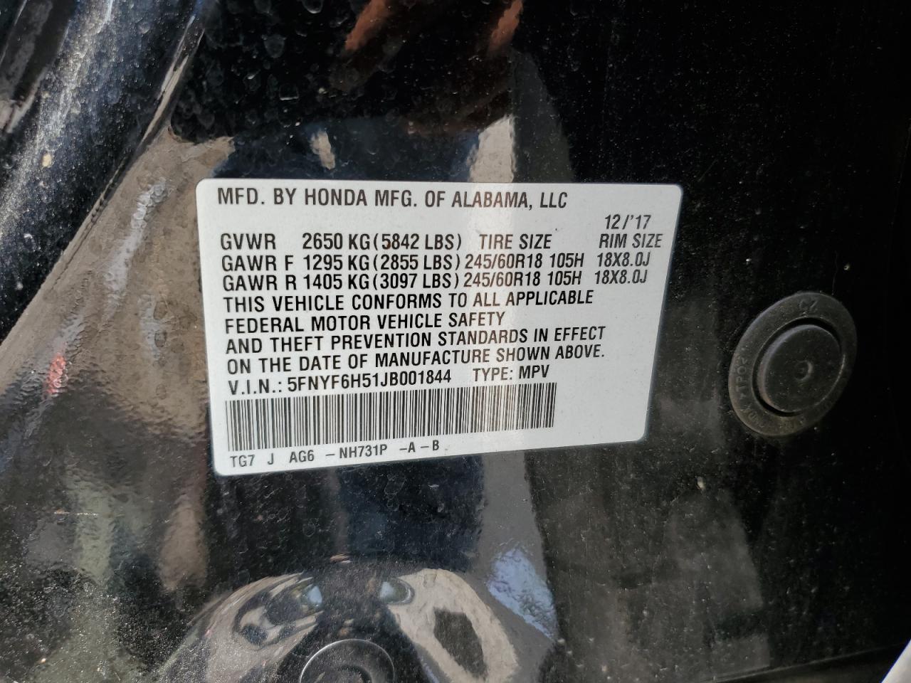 2018 Honda Pilot Exl VIN: 5FNYF6H51JB001844 Lot: 63174995