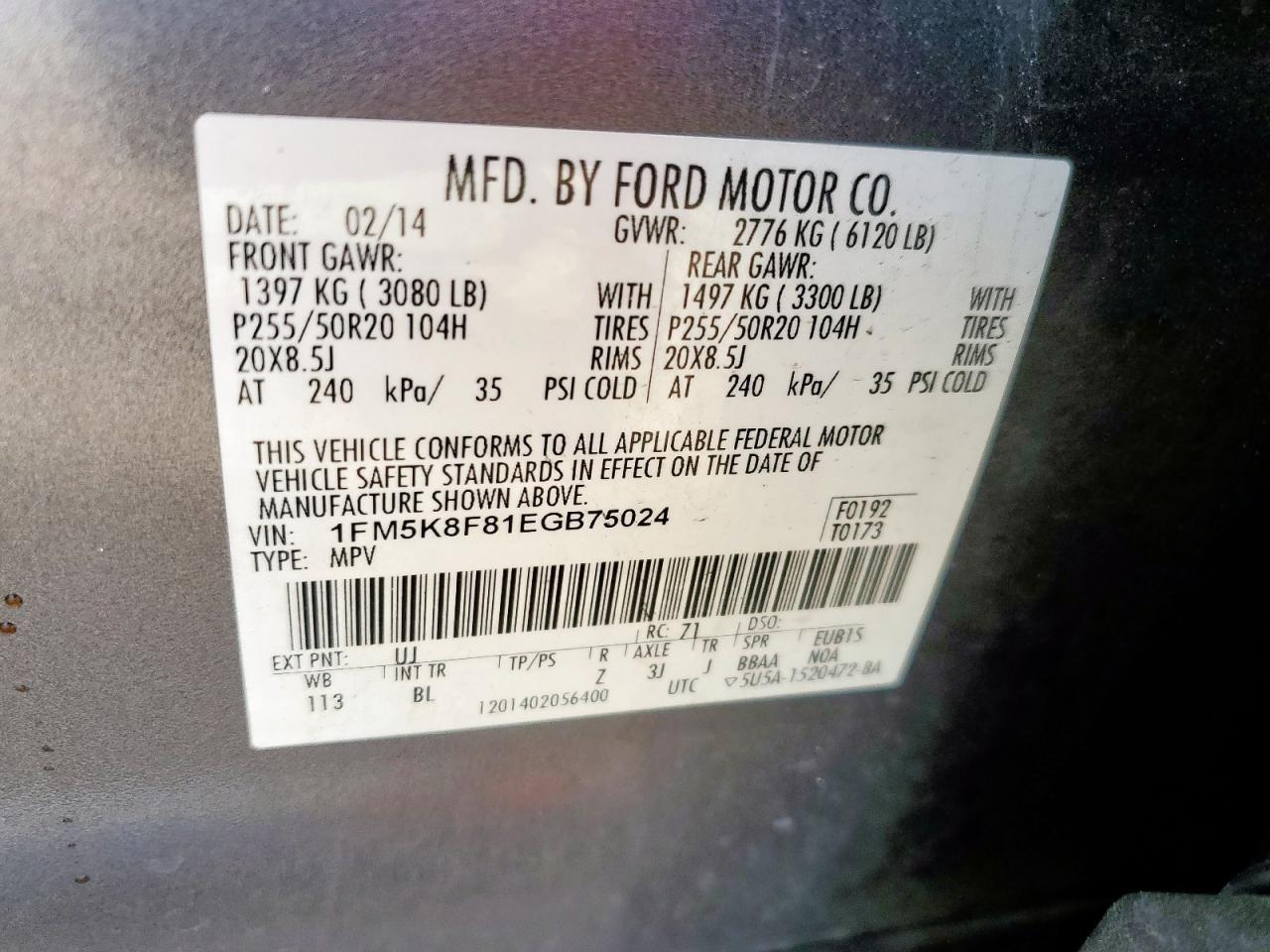 2014 Ford Explorer Limited VIN: 1FM5K8F81EGB75024 Lot: 65085725