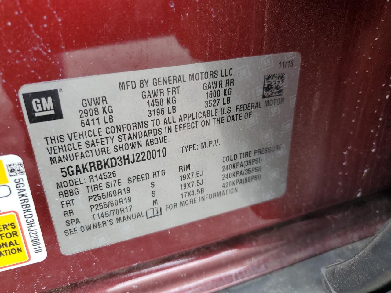 2017 Buick Enclave VIN: 5GAKRBKD3HJ220010 Lot: 66719155