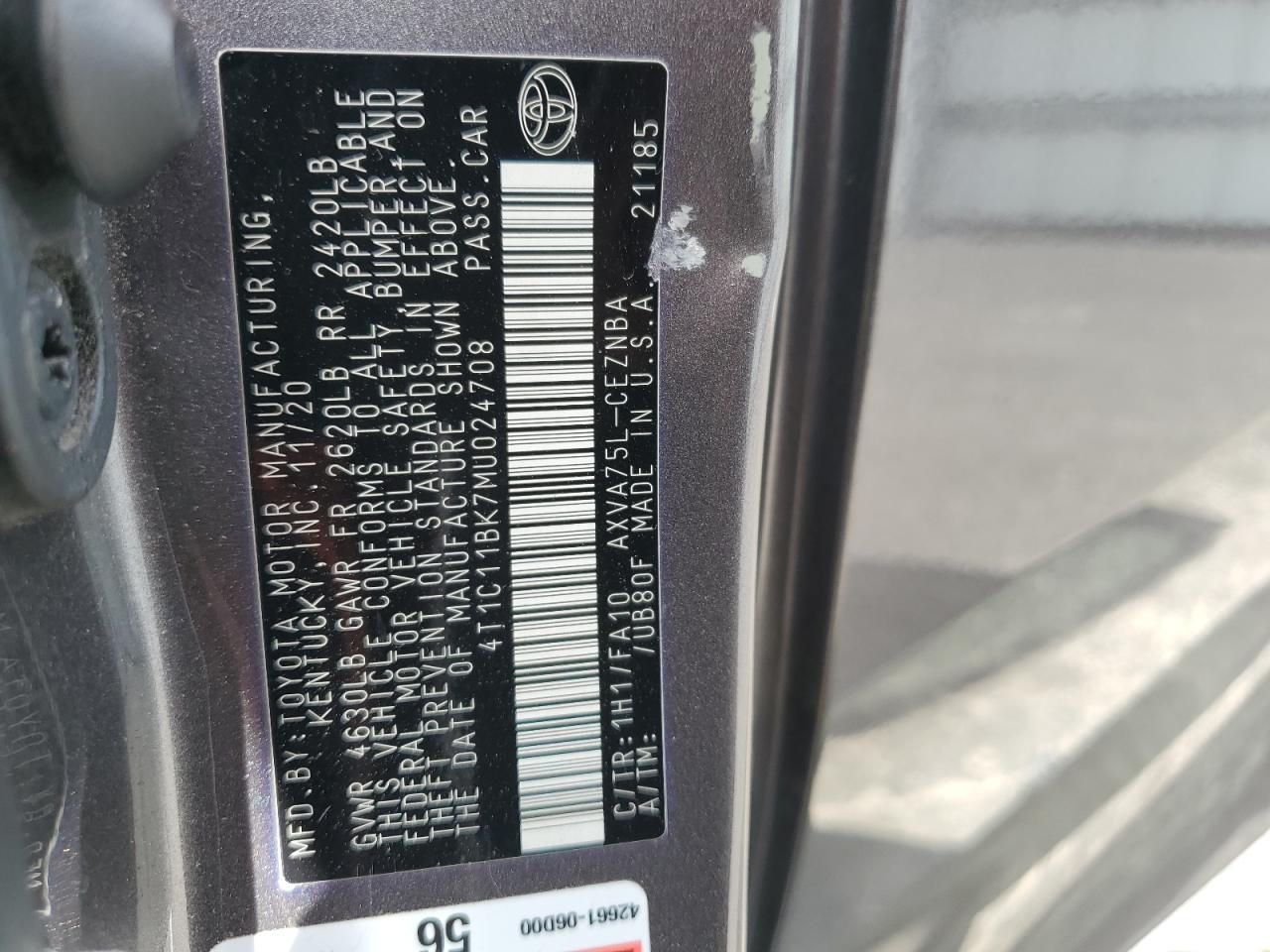 2021 Toyota Camry Le VIN: 4T1C11BK7MU024708 Lot: 65838875