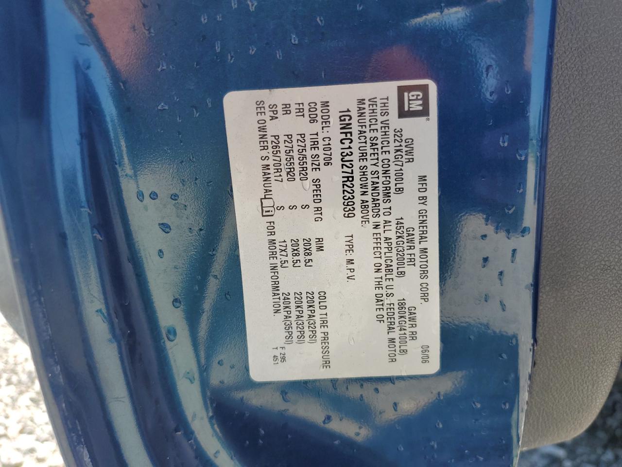 2007 Chevrolet Tahoe C1500 VIN: 1GNFC13J27R223939 Lot: 64778135