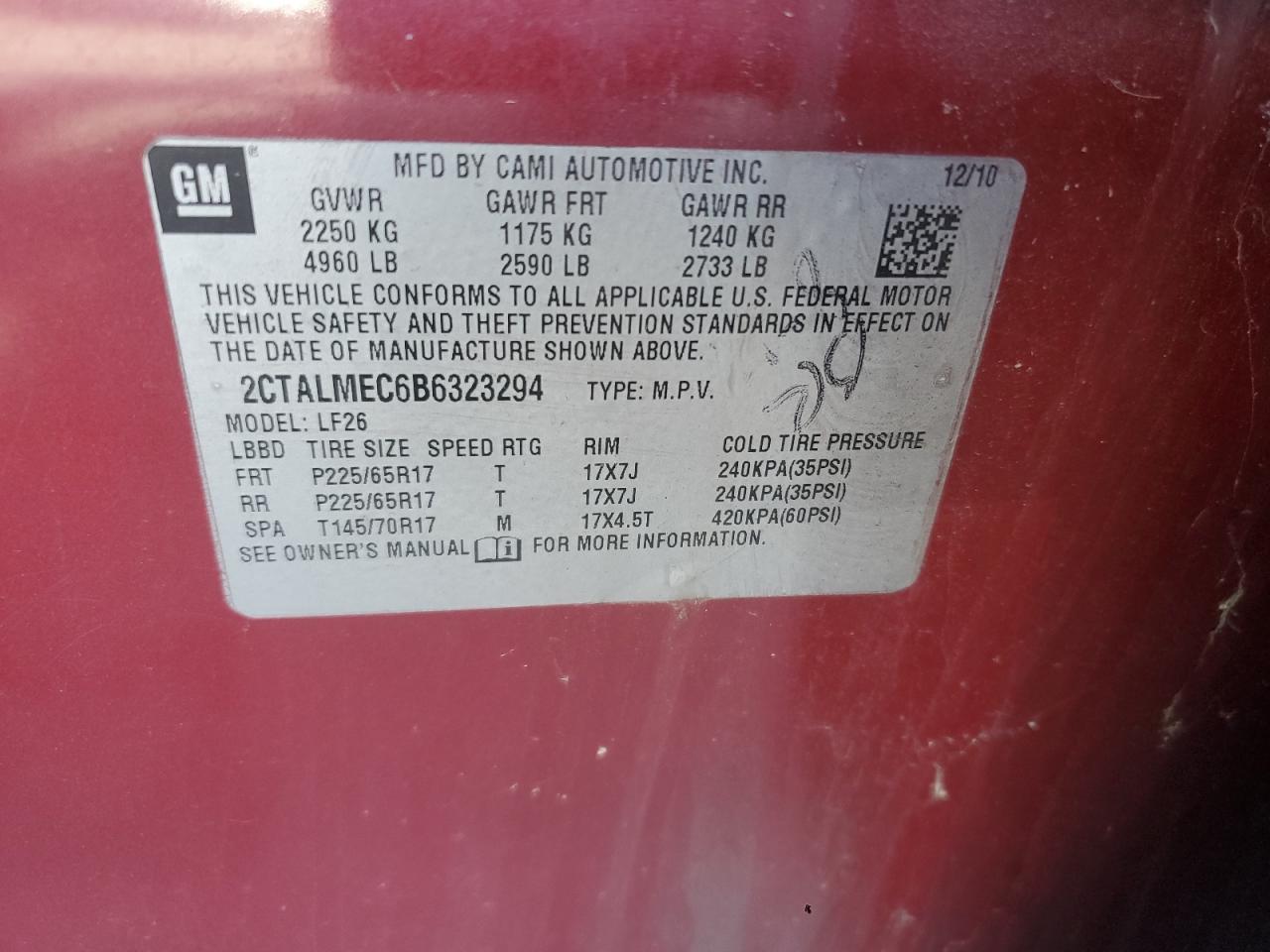 2011 GMC Terrain Sle VIN: 2CTALMEC6B6323294 Lot: 65548005