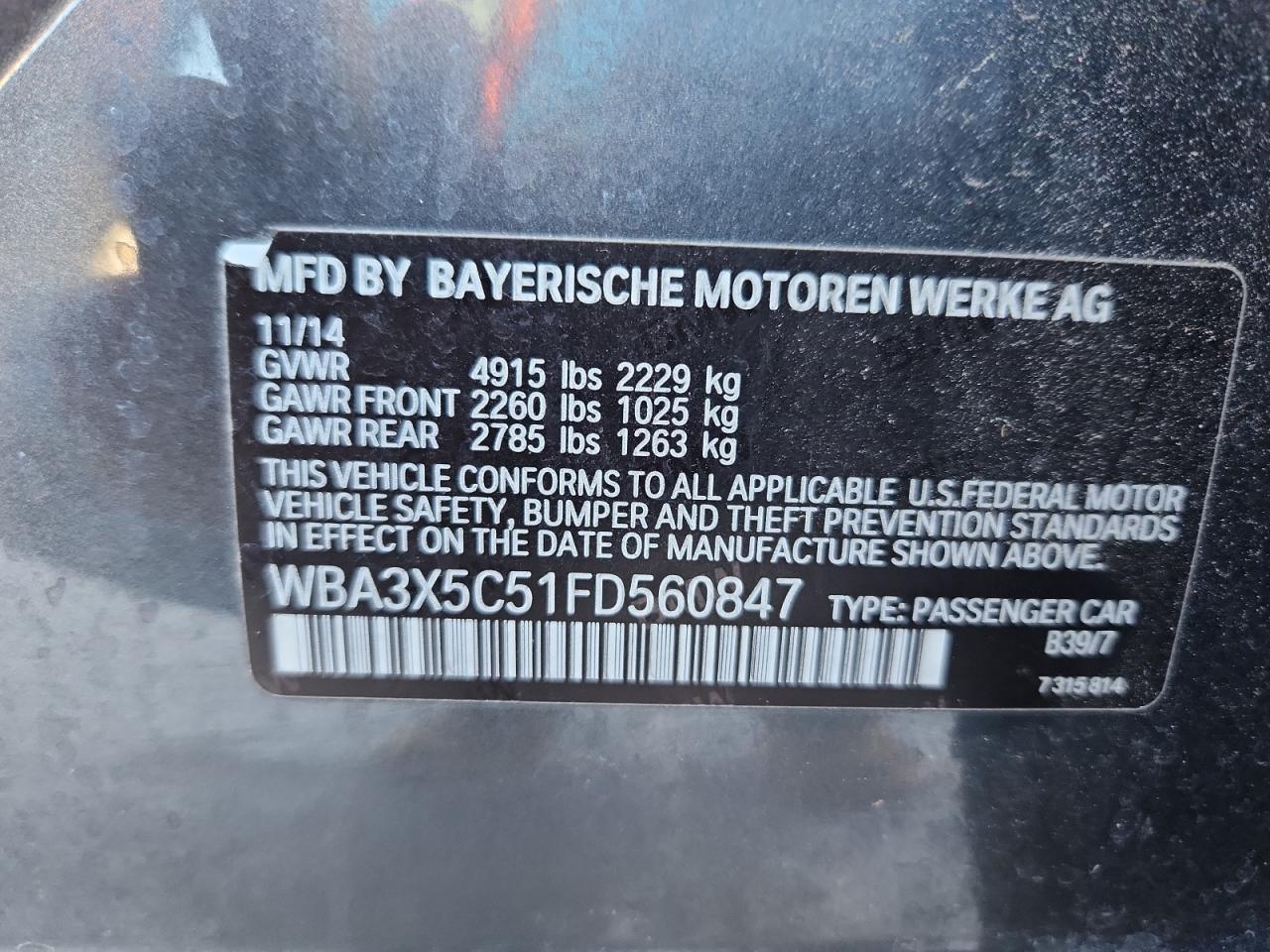 2015 BMW 328 Xigt VIN: WBA3X5C51FD560847 Lot: 65213535