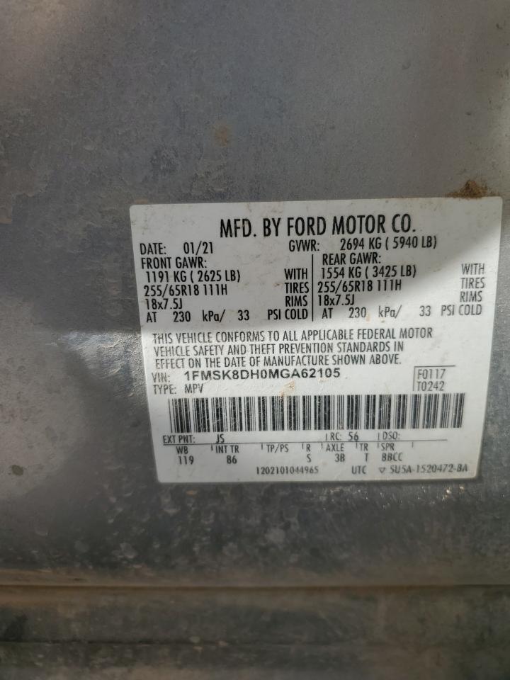 2021 Ford Explorer Xlt VIN: 1FMSK8DH0MGA62105 Lot: 62707545
