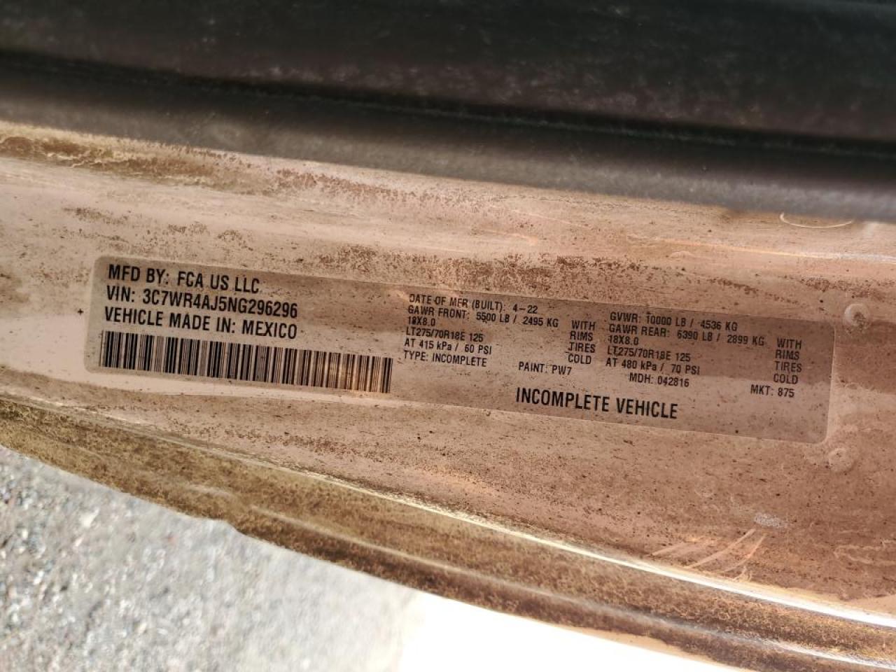 2022 Ram 2500 Tradesman VIN: 3C7WR4AJ5NG296296 Lot: 65279405