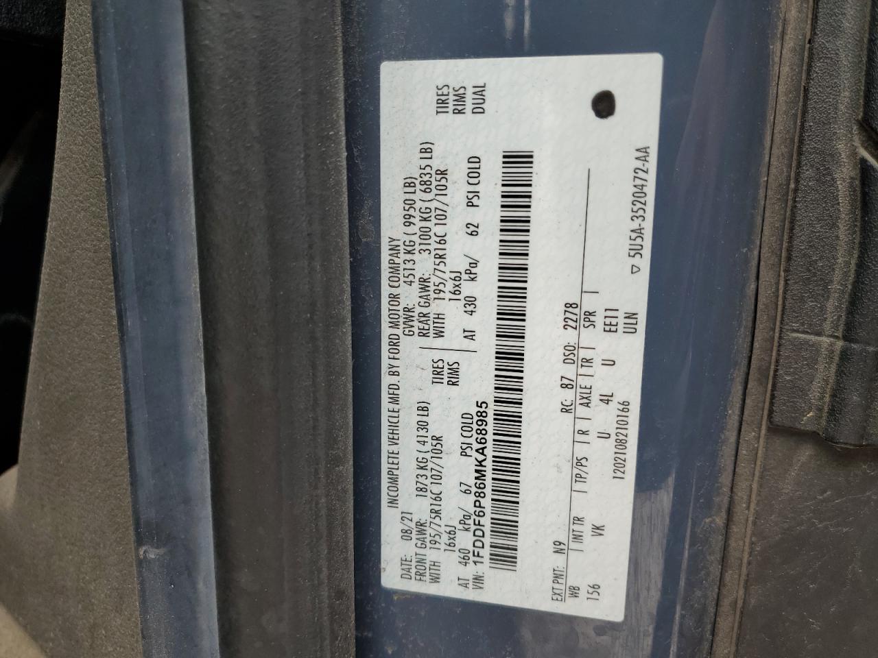 2021 Ford Transit T-350 Hd VIN: 1FDDF6P86MKA68985 Lot: 63673765