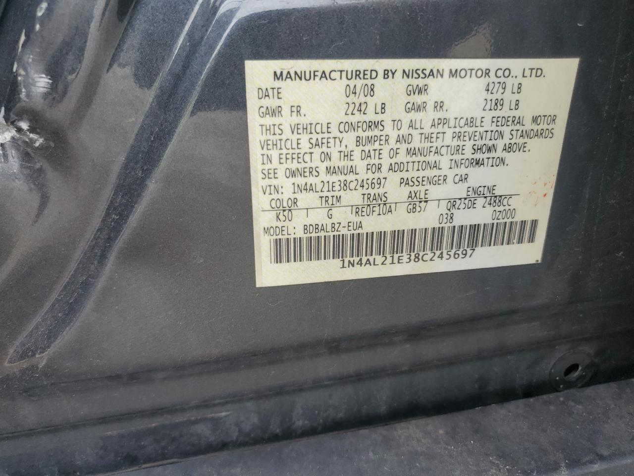 2008 Nissan Altima 2.5 VIN: 1N4AL21E38C245697 Lot: 67267255