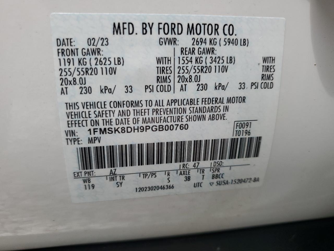2023 Ford Explorer Xlt VIN: 1FMSK8DH9PGB00760 Lot: 64991795