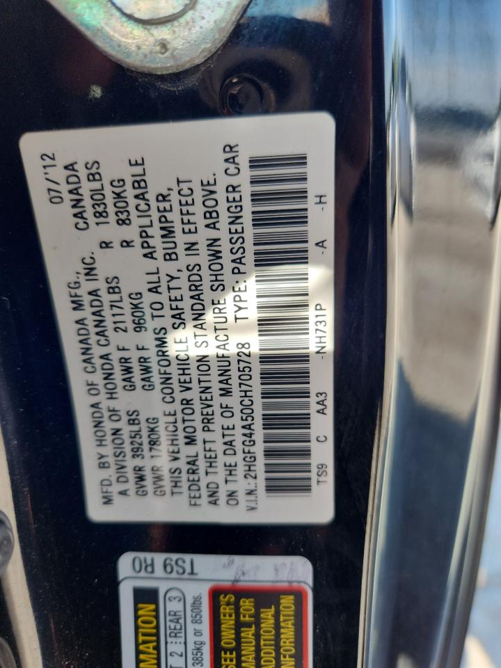 2012 Honda Civic Si VIN: 2HGFG4A50CH705728 Lot: 62931525