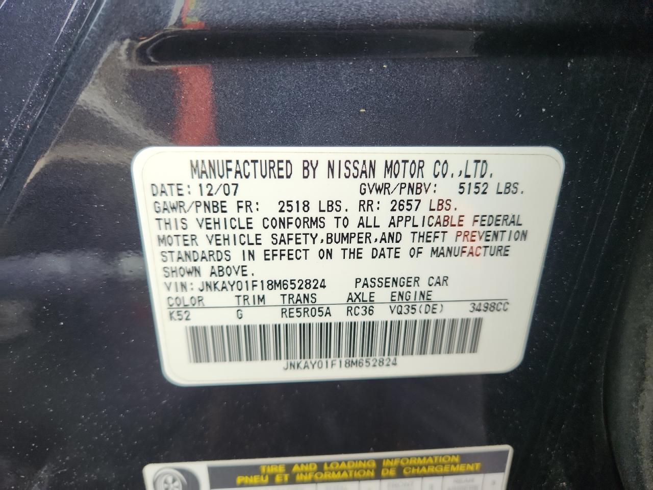 2008 Infiniti M35 Base VIN: JNKAY01F18M652824 Lot: 63759895