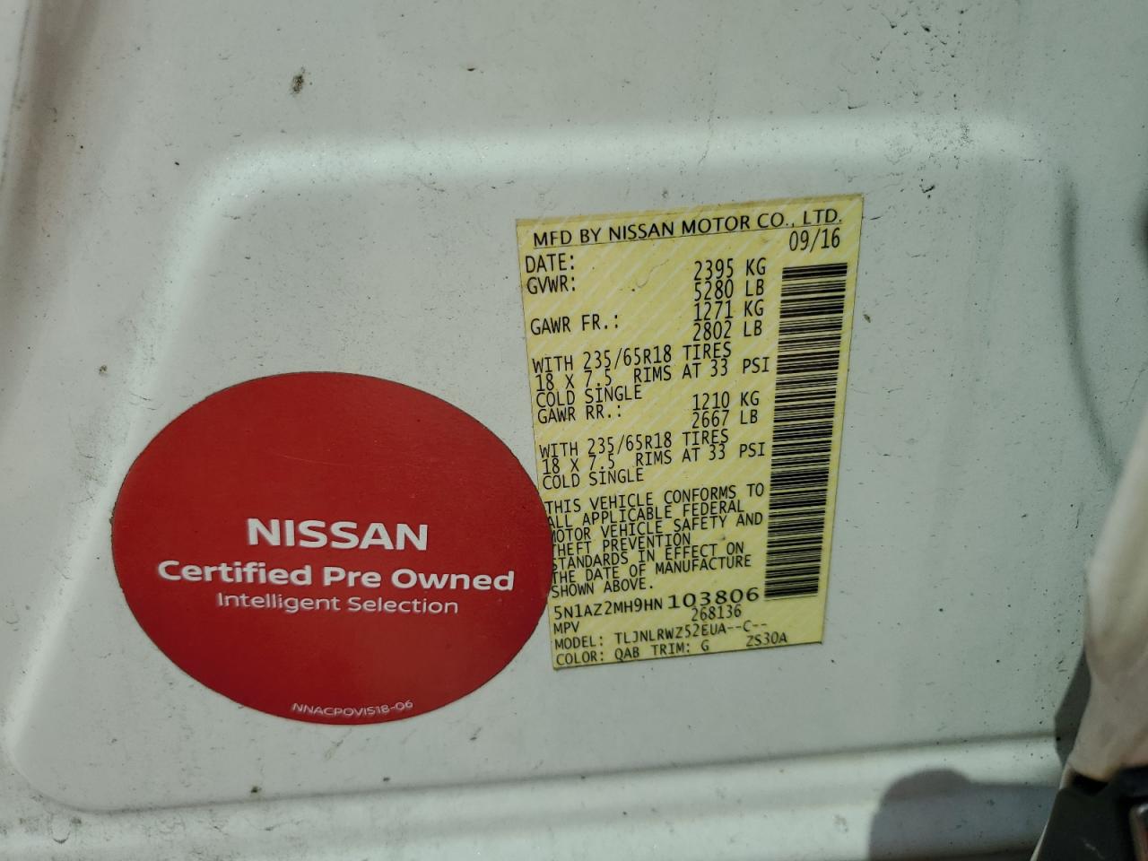 2017 Nissan Murano S VIN: 5N1AZ2MH9HN103806 Lot: 63703455
