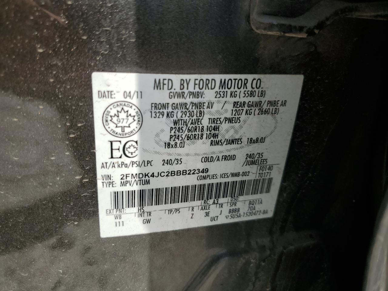 2011 Ford Edge Sel VIN: 2FMDK4JC2BBB22349 Lot: 64664095