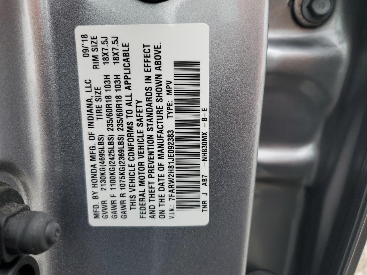 2018 Honda Cr-V Exl VIN: 7FARW2H81JE092383 Lot: 65542485