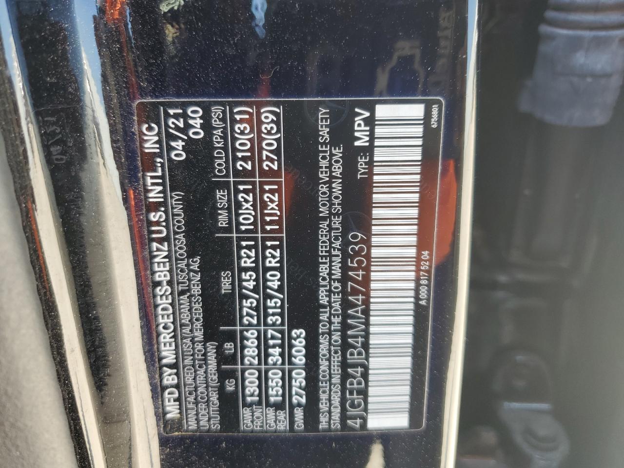 2021 Mercedes-Benz Gle 350 VIN: 4JGFB4JB4MA474539 Lot: 63738555