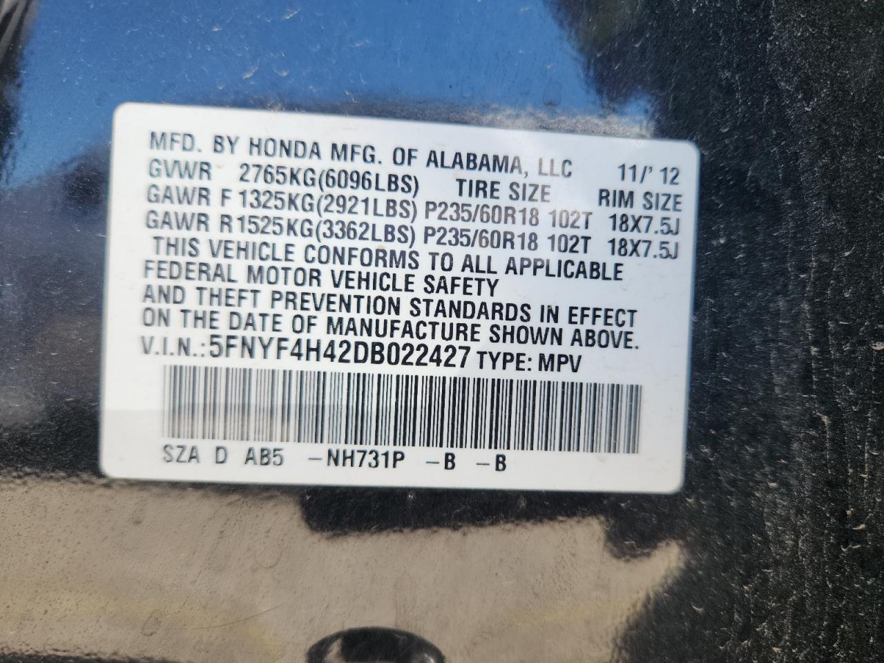 2013 Honda Pilot Ex VIN: 5FNYF4H42DB022427 Lot: 63735065