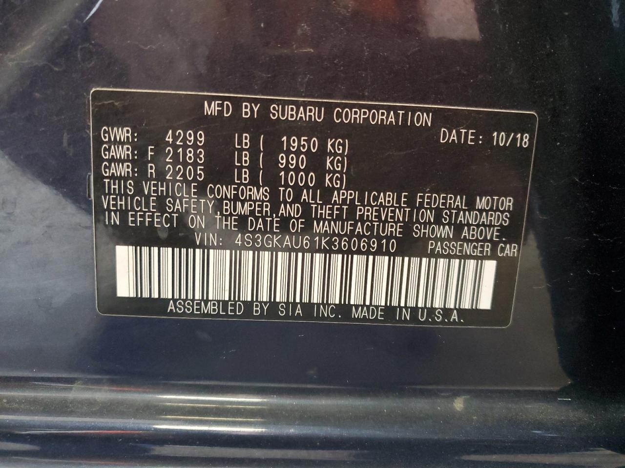 2019 Subaru Impreza Limited VIN: 4S3GKAU61K3606910 Lot: 65515095