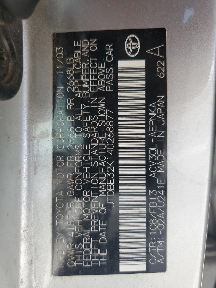 2004 Toyota Camry Le VIN: JTDBE32K140268877 Lot: 61233585
