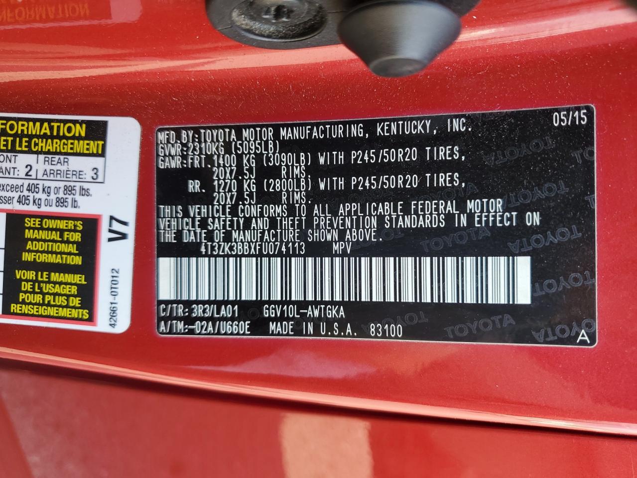 2015 Toyota Venza Le VIN: 4T3ZK3BBXFU074113 Lot: 65210965