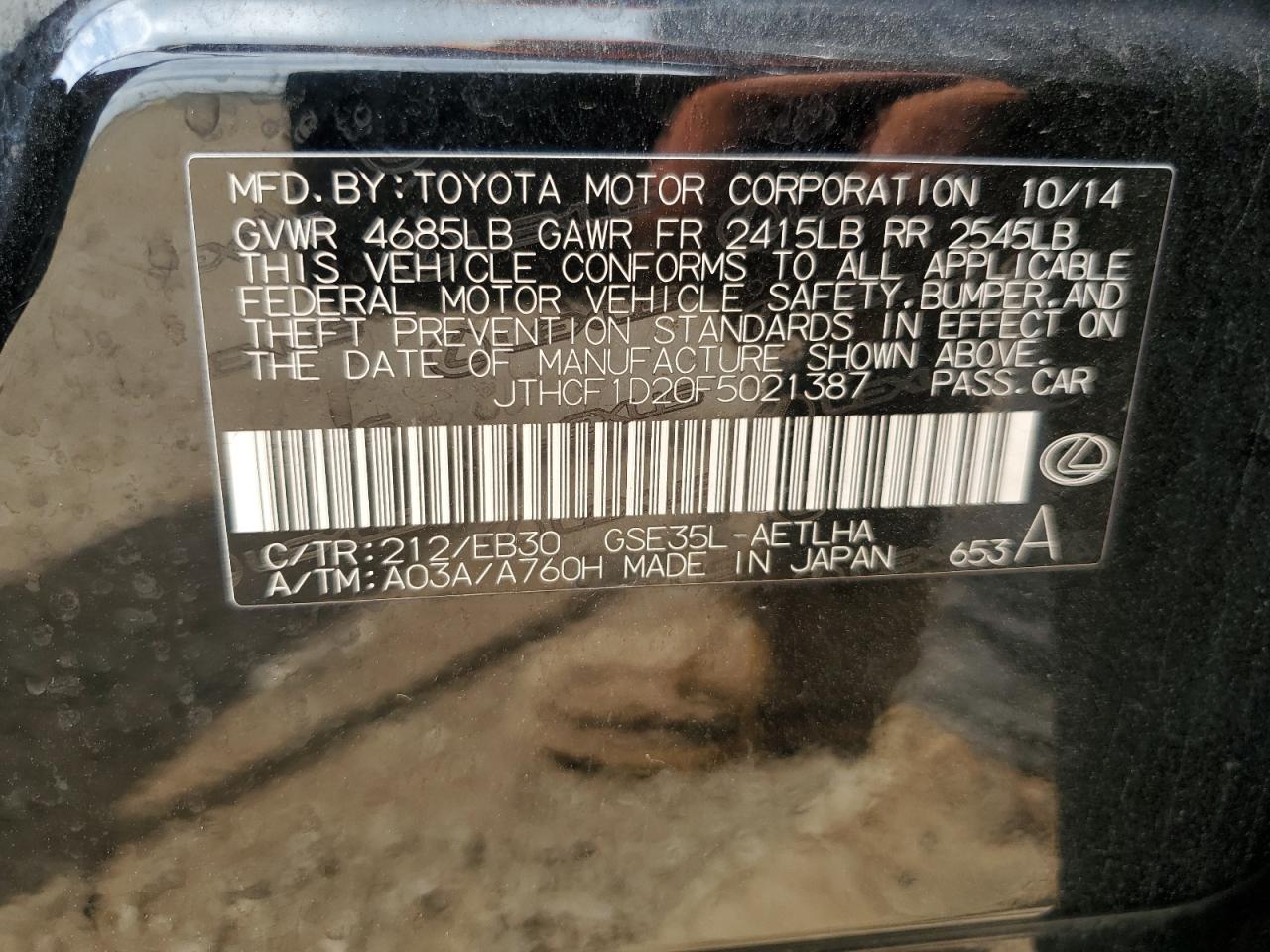 2015 Lexus Is 250 VIN: JTHCF1D20F5021387 Lot: 64005945