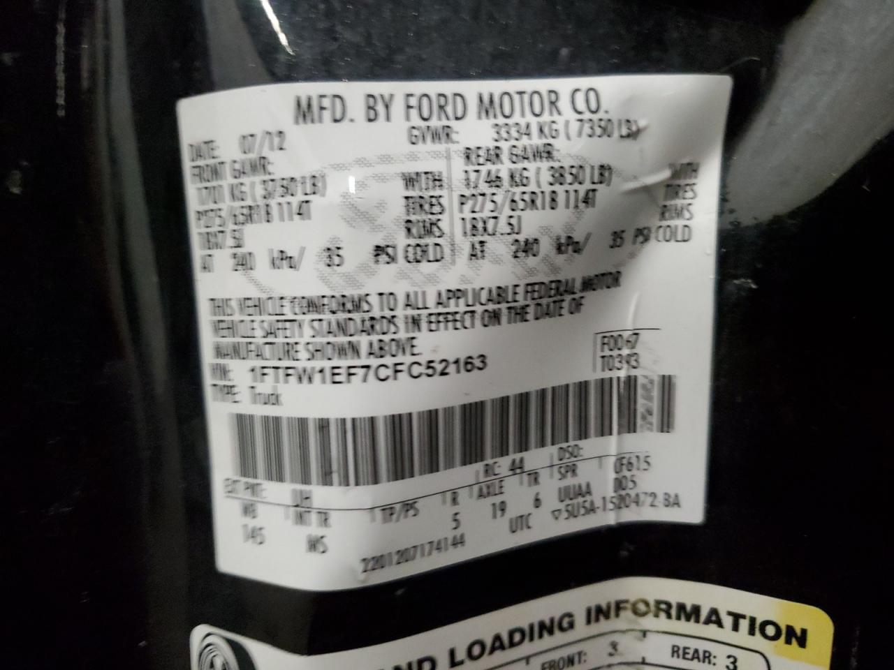 2012 Ford F150 Supercrew VIN: 1FTFW1EF7CFC52163 Lot: 65401005