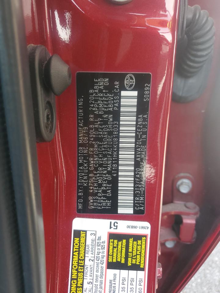 2019 Toyota Camry L VIN: 4T1B11HK4KU818033 Lot: 64055245