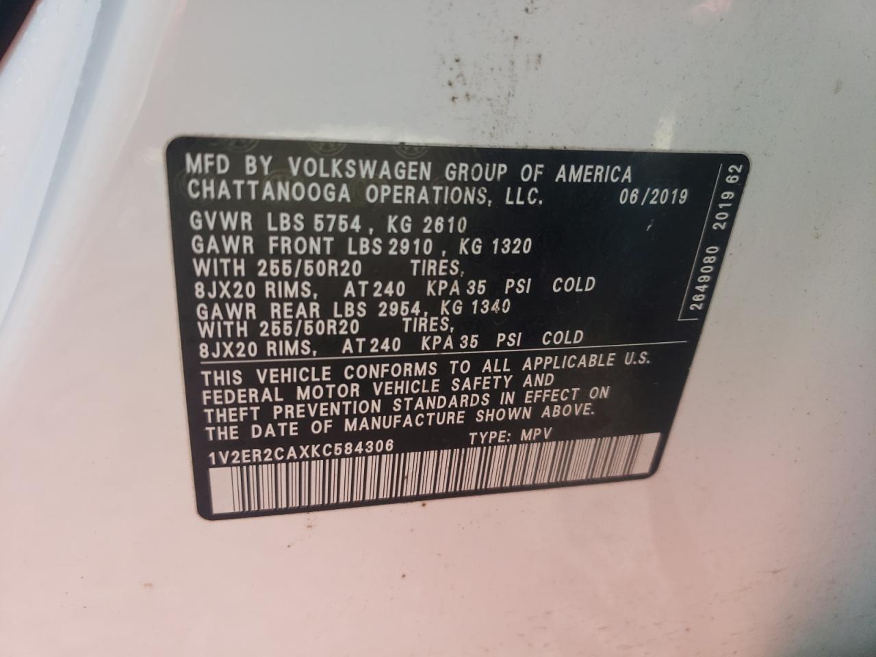 2019 Volkswagen Atlas Sel VIN: 1V2ER2CAXKC584306 Lot: 63117685