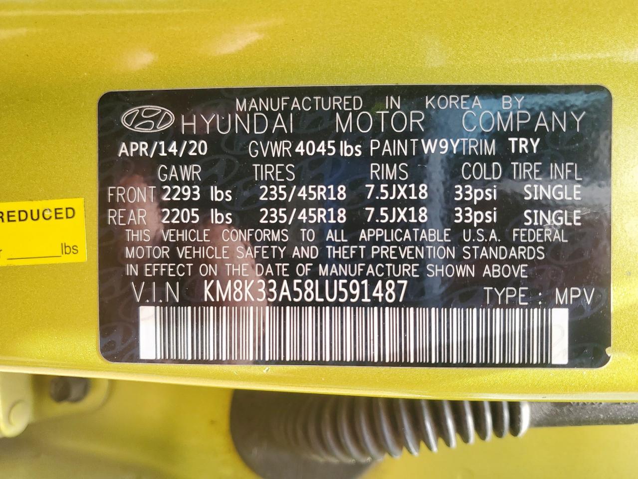 2020 Hyundai Kona Limited VIN: KM8K33A58LU591487 Lot: 64330205