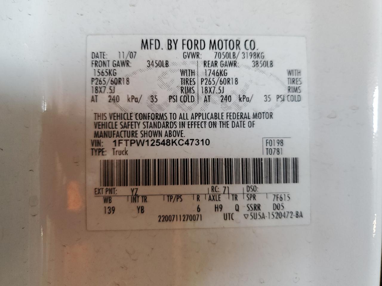 2008 Ford F150 Supercrew VIN: 1FTPW12548KC47310 Lot: 63521475