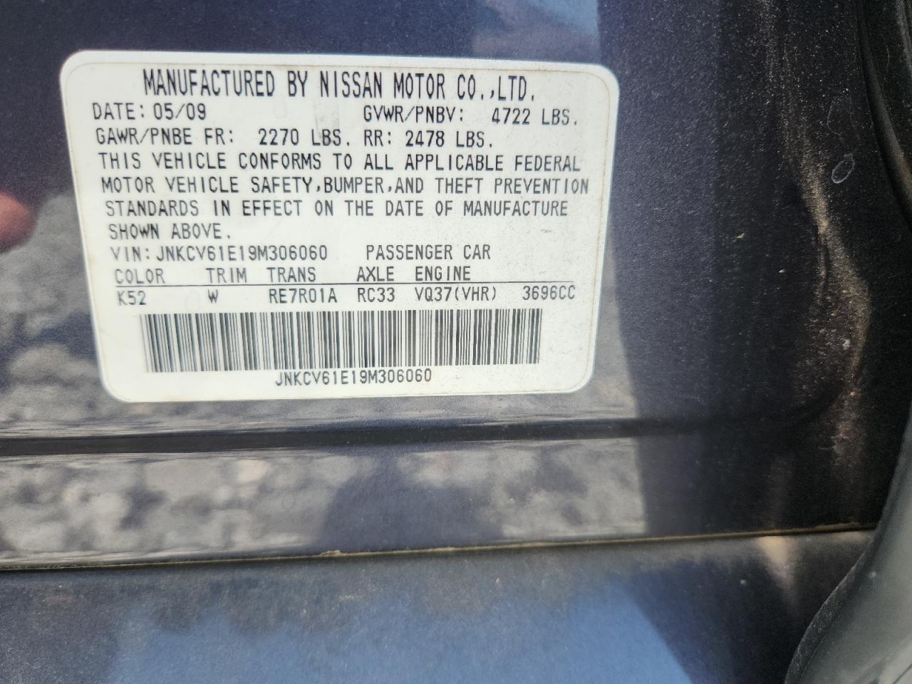 2009 Infiniti G37 Base VIN: JNKCV61E19M306060 Lot: 63224805